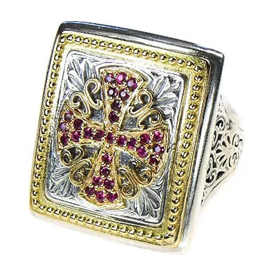 Gerochristo 2689 ~ Solid 18K Gold Sterling Silver &  Rubies Medieval Cross Ring • $2286