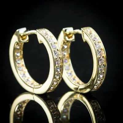 Men’s Women’s 14k Gold Plated Sterling Silver Iced Hoop 5A CZ Huggie Earrings • $17.99