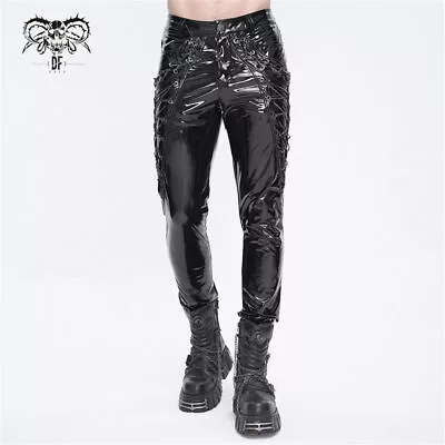 Devil Fashion Men Black Gothic Punk Trousers Faux Leather Skinny Pants • $102.59