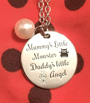 Mummys Little Monster Daddys Little Angel Silver Pendant Necklace Son Daughter • £3.49