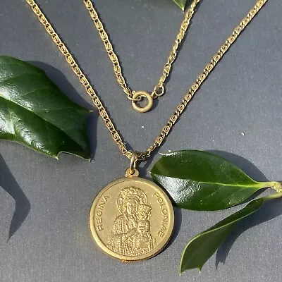 Madonna Regina Polonia Pope Vintage Gold Plated Coin Pendant Paperclip Chain • $55