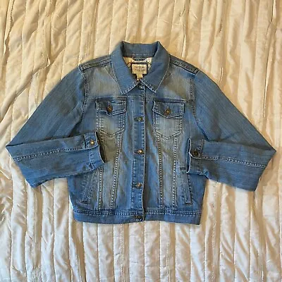 I LOVE H81 Jacket Womens L Medium Wash Denim Jean Cropped Trucker Boho Peasant • $16.95