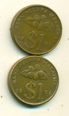 2 DIFFERENT  1 RINGGIT COINS From MALAYSIA DATING 1991 & 1992 • $1.99