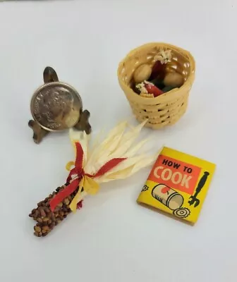 Vintage Indian Corn Basket Of Veggies & Cool Book 1:12 Dollhouse Miniature Lot • $14.99