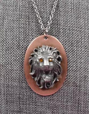 Vintage Lion Head Copper And Pewter Rhinestone Pendant Necklace 18  • $10.95