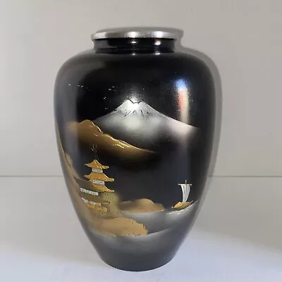 Vintage Meiji Style Chokin Mixed Metal Japanese Vase Pagoda Mt. Fuji Sail Boat • $16