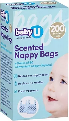 BabyU Scented Nappy Bags 4 X 50pk (200 Total) Convenient Disposable Baby. AU • $9.56