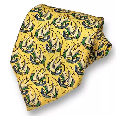 SALVATORE FERRAGAMO Men’s Yellow Designer Abstract Sailboat Motif 100% Silk Tie • $59.99