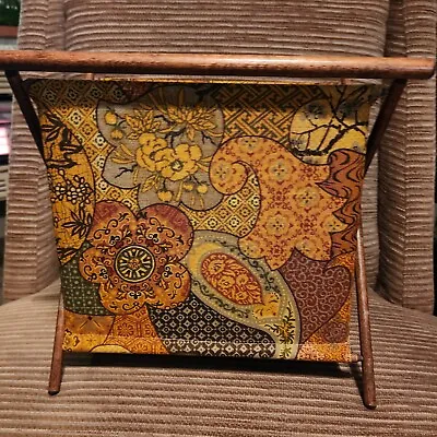 Vintage MCM Yarn Caddy Cloth Bag Folding Wood Frame Sewing Knitting Craft Basket • $39