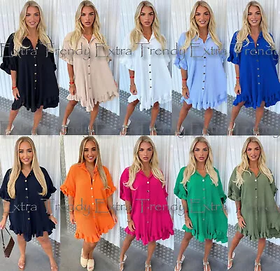 Women's Ladies Gold Button Pleated Frill Summer Shirt Swing Smock Mini Dress Top • £16.95