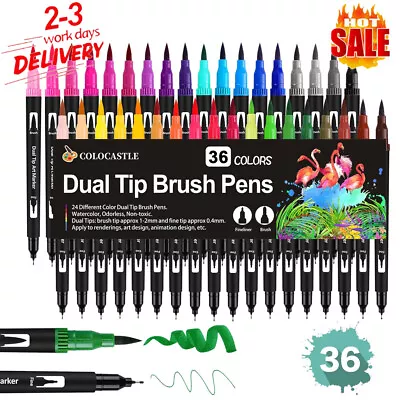 Art Markers Dual Tips Coloring Brush Pen & Fineliner Color Pens 36 Colours Gifts • £11.89