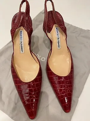 Manolo Blahnik Women Shoes Burgundy  Crocodile Never Worn Size 39 Caroline • $600