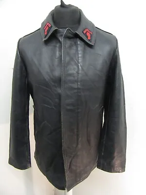 Vintage 70's French Leather Pompier Trench Fireman Officers Jacket Size S • £79