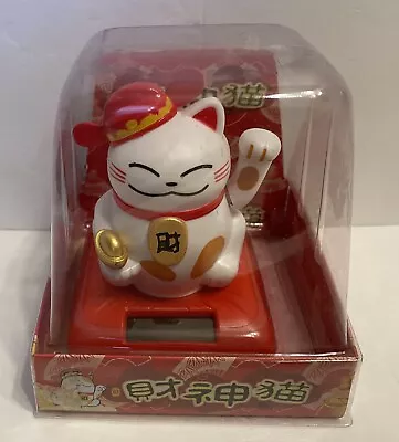 Solar Powered  Maneki Neko Welcoming Lucky Beckoning Hands Waving Cat W/hat 4” • $14.95