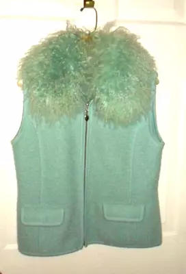 LISA INTERNATIONAL Blue Wool Vest Mongolian Curly Lamb Fur Collar Sz MED Zipper • $39.99