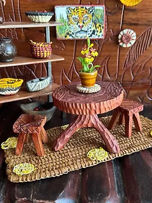 Dollhouse Table Stools Miniature HandCarved Tropical HardWood Fairy Garden Last • $31