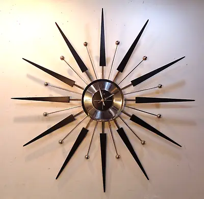 VTG Mid Century Modern Elgin 30.5  Starburst Sunburst Wall Clock Rare Black • $699.95