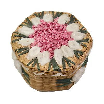 VTG Woven Natural Straw Basket Lid Embroidered Pink White Raffia Flowers Hexagon • $15