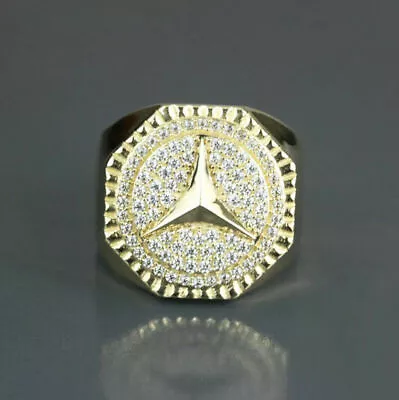 14K Yellow Gold Plated 2 CT Moissanite Mercedes Sing Men's Wedding Pinky Ring • $150.31