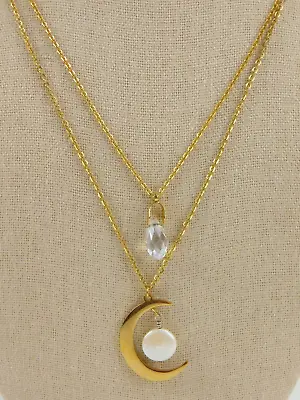 Gold Tone Multi Chain Crescent Moon Crystal Pearl Pendant Necklace 18  • $24.99