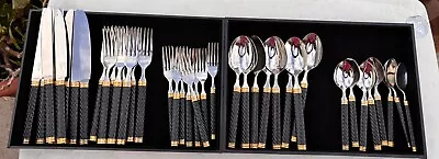 Mikasa BRAID ONYX Stainless Laslo Gold Accent 18-8 Japan Flatware 40 Pieces • $55