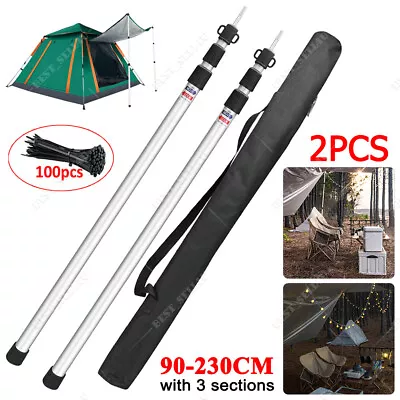 2Pcs Aluminum Camping Awning Tarp Poles Telescopic Tent Pole Adjustable 90-230cm • $29.99