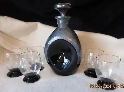 Vintage Brandy Decanter And 5 Snifters Black Glass Onyx Base • $22.09