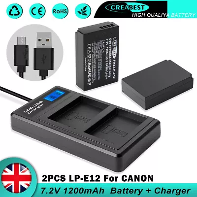 2× LP-E12 Battery For Canon EOS M M2 M10 M50 M100 M200 Rebel SL1 + Dual Charger • £22.95