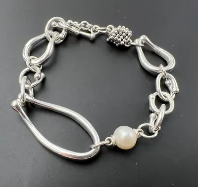 Michael Dawkins 925 Sterling Silver Pearl Bead Link Modernist Bracelet 7  • $75