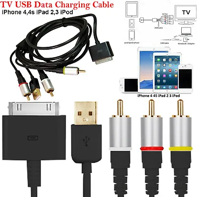 RCA Composite AV Video To TV USB Charger Black Cable For IPhone 3/4 IPad 2 3 UK • £7.78
