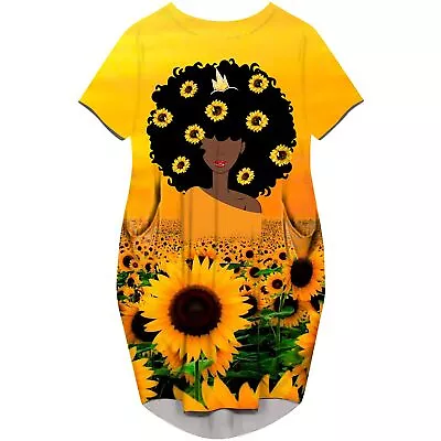 Azpsrt Women Plus Size Sunflower Melanin Floral Print Dress Short Sleeve Casual • $110.20