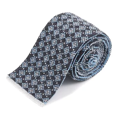 E.Marinella Gray-Sky Blue Patterned Double-Sided Reversible Knit Cashmere Tie • $109