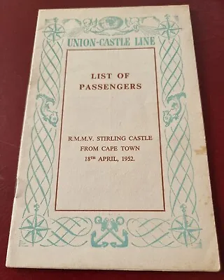 1952 R.M.M.V. Stirling Castle Passenger List 18/4 Union Castle Line  • £12.99