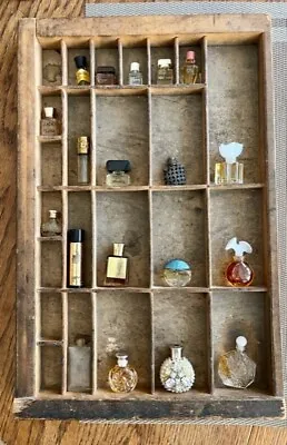 Vintage Mini Perfume Bottles Lot With Wooden Printer Drawer Shadow Box Display • $149