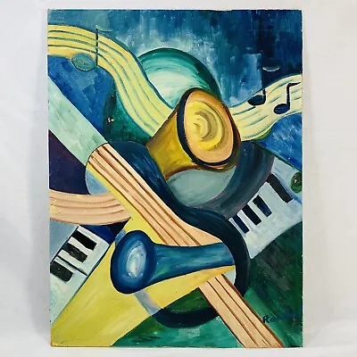 Vintage Original Abstract Painting Music Notes Keyboard Horns Art Signed Rowland • $89.97
