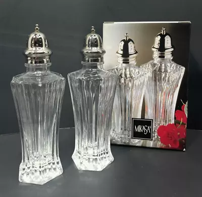 MIKASA Salt And Pepper Shakers Silver Top Clear Crystal Diamond Fire 6  Tall • $14.99