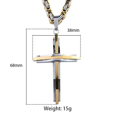 Mens Silver/Gold Plated Cross Pendant Necklace Stainless Steel Byzantine Chain • $15.99