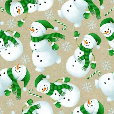 45 X 36 Snowmen With Green Scarves On Tan 100% Cotton Christmas • $5.95