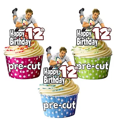 PRECUT Rugby Try Boys Mens 12 Cup Cake Toppers Birthday Decorations ANY AGE • £3.75