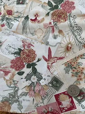 $8 • Buy 1/2 Y Shabby Rose Postmark Post Card Vintage Flowers Hummingbirds Cotton Fabric 