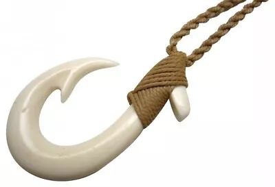 Hawaiian Jewelry Maori Hei Matau Fish Hook Bone Carved Pendant Choker 35055-1 • $15.79