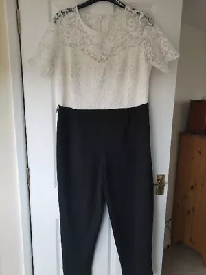Woman's Roman Jump Suit One Piece Trousers And Top. Black/White Lace Top Size 20 • £5