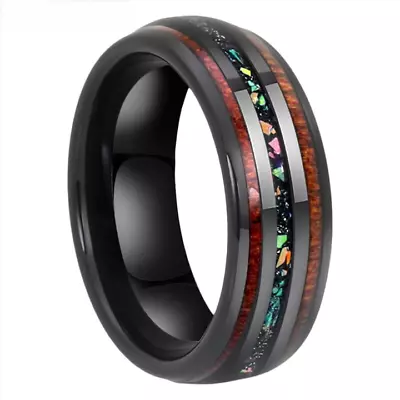 8mm Black Tungsten Carbide Wedding Ring Fire Opal / Hawaii Koa Wood Inlay Ring • $27.99