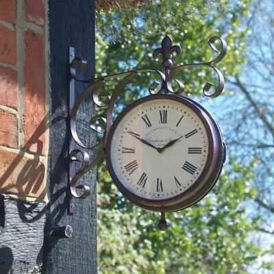 Vintage London Station Style Bronze Wall Garden Clock & Thermometer Double Sided • £33.95