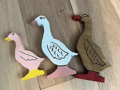 Vintage Handmade Hand Painted Wooden Ducks Family Pink White Brown Farm Animals • $7