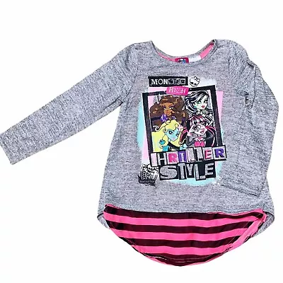 Monster High | Girls Size S 6/6x Grey Sweater Pink Black Striped Chiffon Top • $18.19