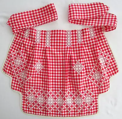 Vintage Half Apron Hand-Made Embroidered Red & White Gingham • $9.99