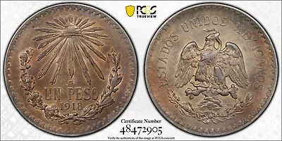 Mexico Estados Unidos 1918 1 Peso Silver Coin Pcgs Certified Almost Unc. Detail • $375