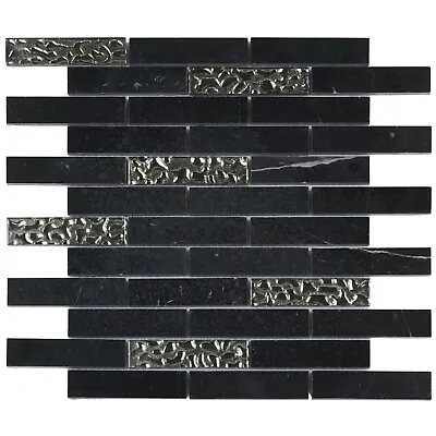 Black Marquina Marble Stone Silver Glass Mosaic Tile Brick Joint Backsplash • $239.50