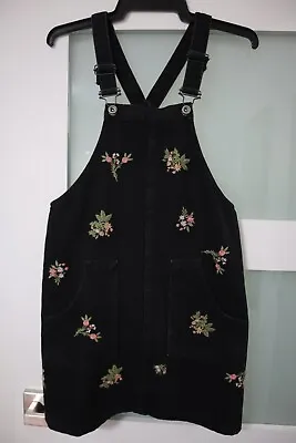 ZARA Girls Black Floral Denim Pinafore Dress Size 11-12 • $13.50